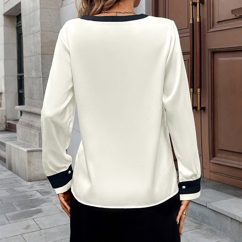 Sexy Elegant Color-block Deep V-Neck Pearl Button Single-Breasted Shirt