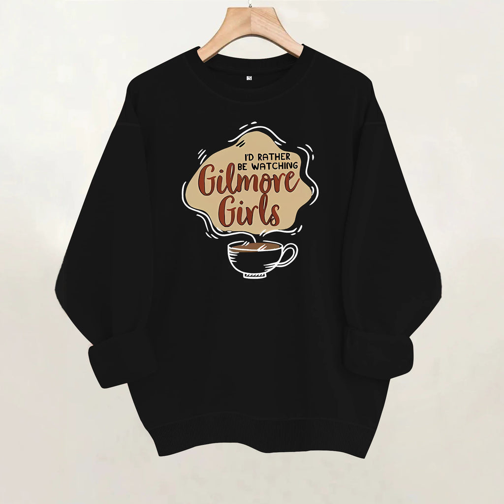 Letter and coffee cup print loose women's fleece hoodie