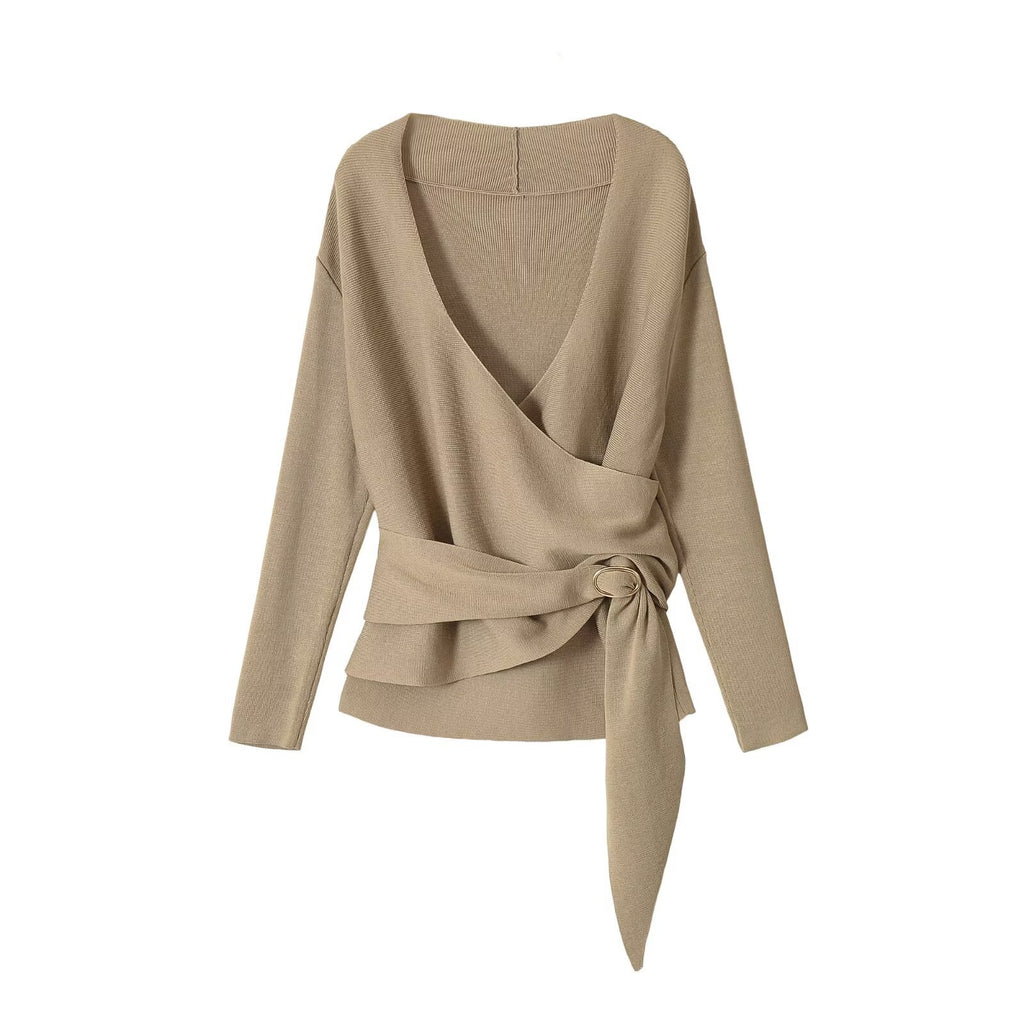 Double breasted waist belt V-neck long sleeved knitted sweater for women