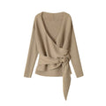 Double breasted waist belt V-neck long sleeved knitted sweater for women