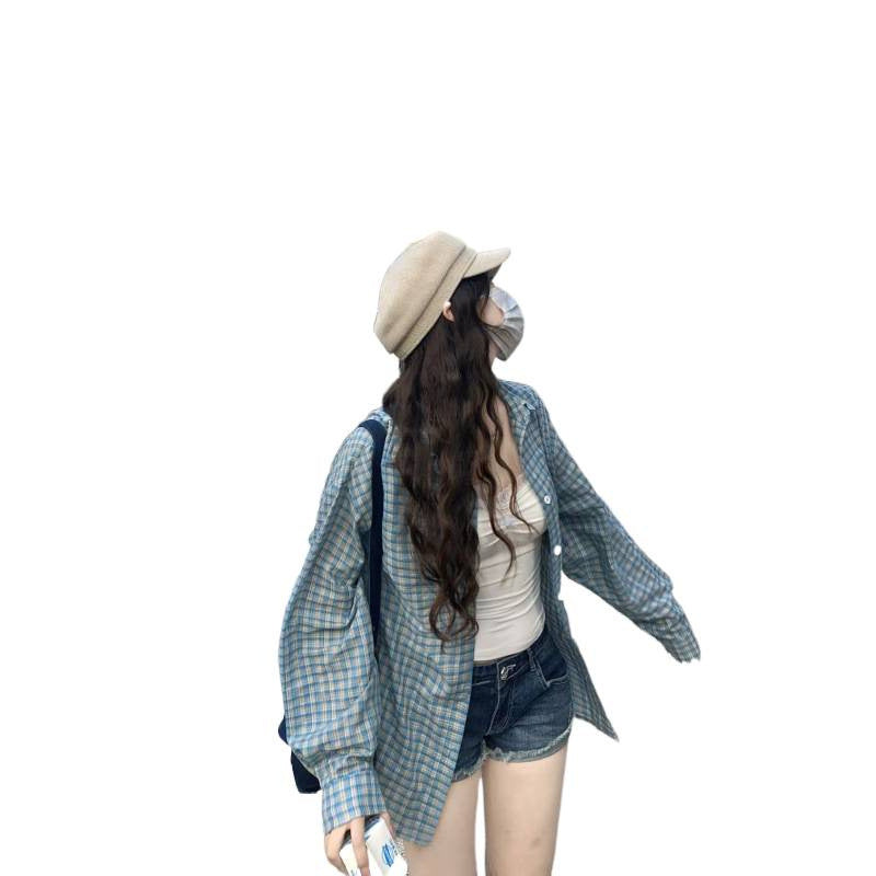 Blue Plaid Long Sleeve Loose Fit Shirt Jacket for Women