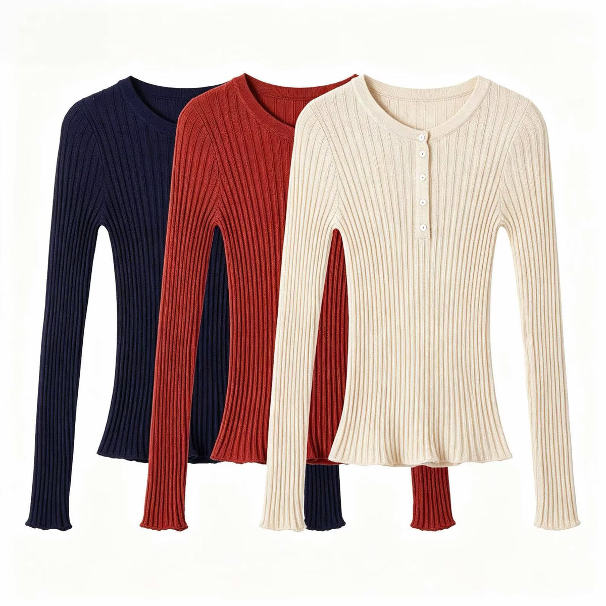 Slim button decoration long sleeved round neck knitted sweater for women