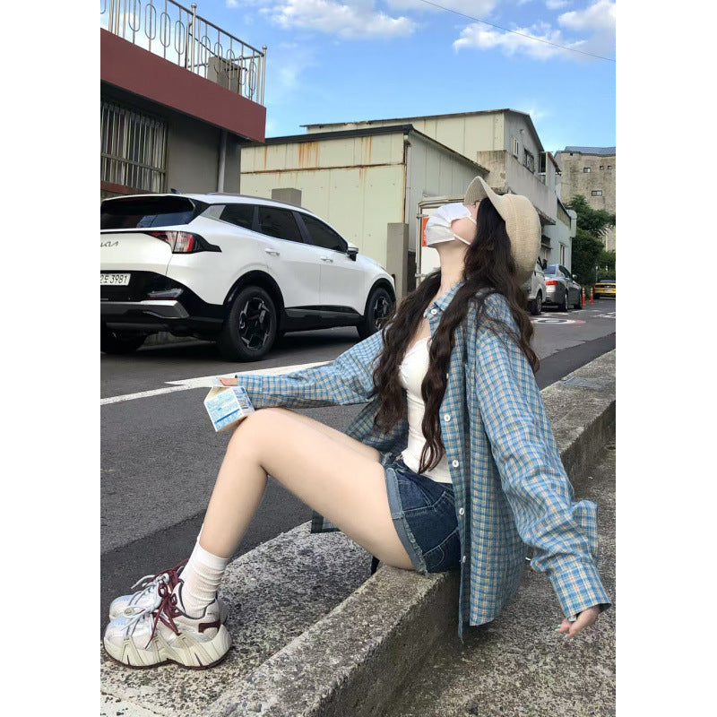 Blue Plaid Long Sleeve Loose Fit Shirt Jacket for Women