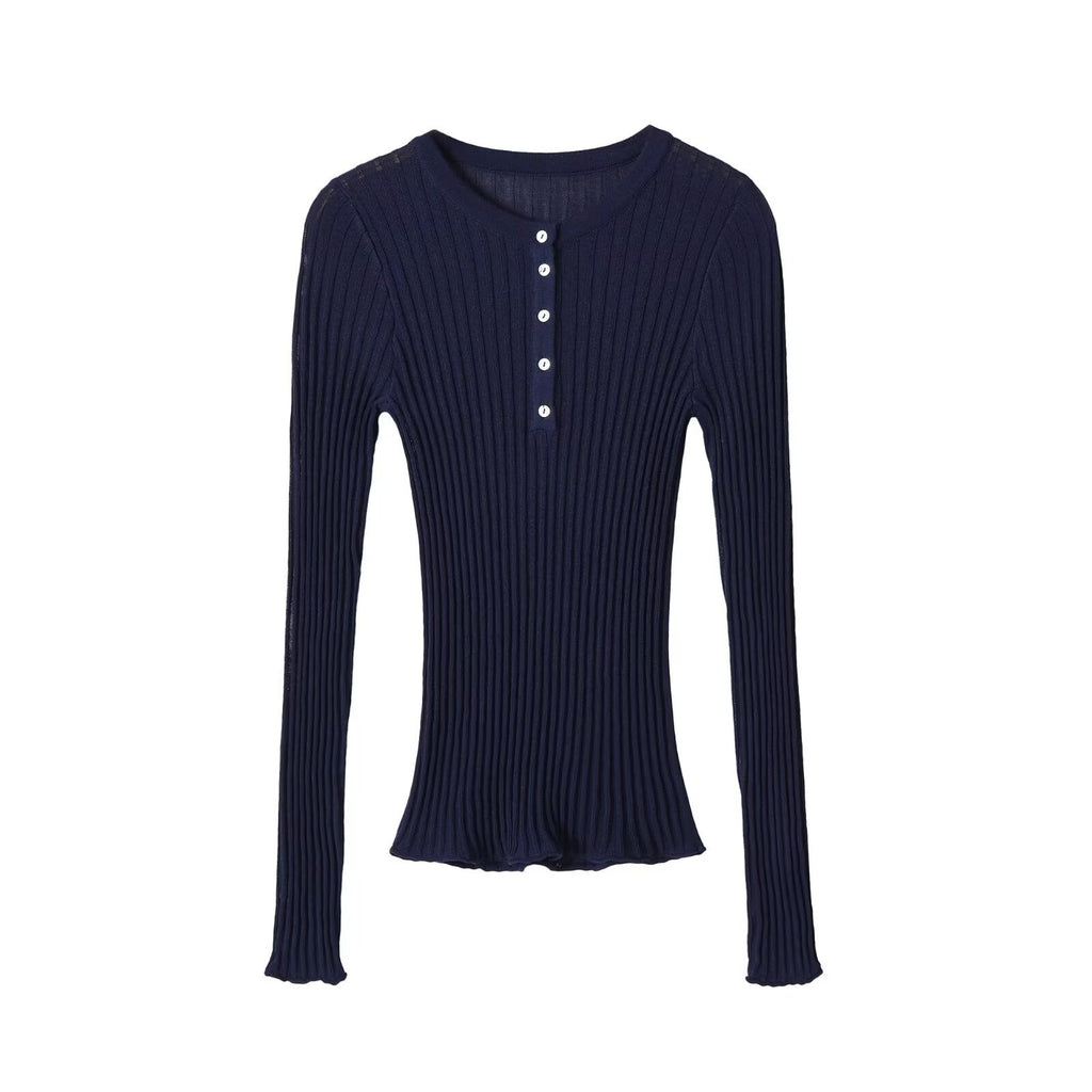 Slim button decoration long sleeved round neck knitted sweater for women
