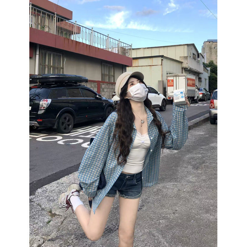 Blue Plaid Long Sleeve Loose Fit Shirt Jacket for Women