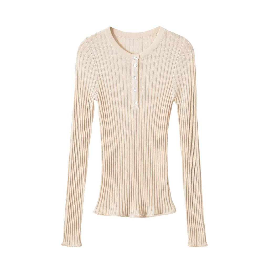 Slim button decoration long sleeved round neck knitted sweater for women