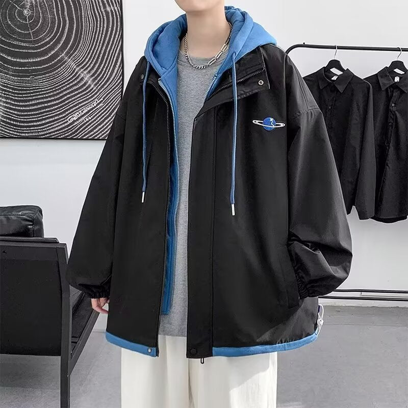 US Mountain Series Techwear Faux Two-Piece Zipper Windbreaker Jacket with Pockets for Outdoor Camping Hiking