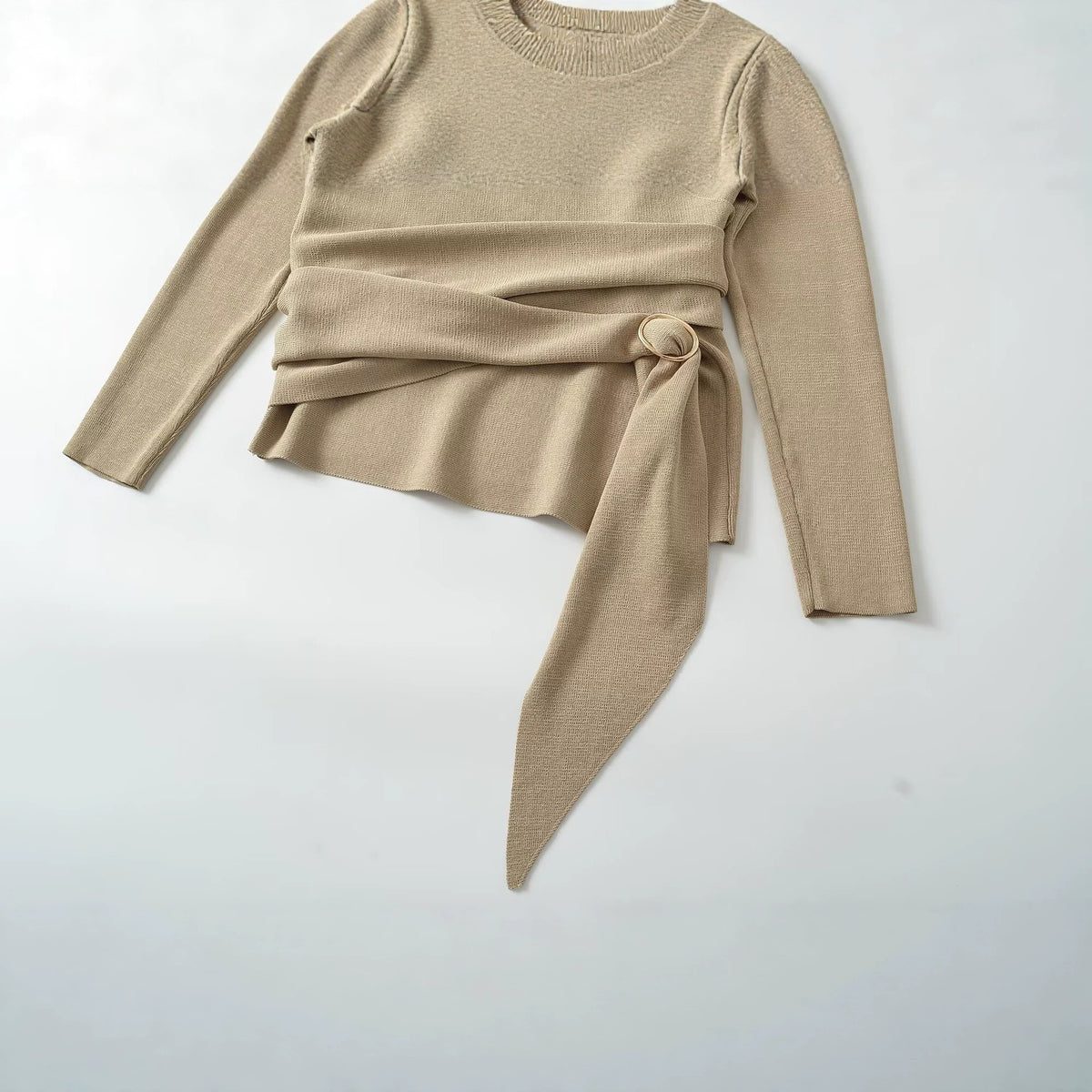 Double breasted waist belt V-neck long sleeved knitted sweater for women