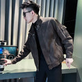 Casual Workwear Long Sleeve Leather Jacket Men Stand Collar Black Plus Size Outerwear