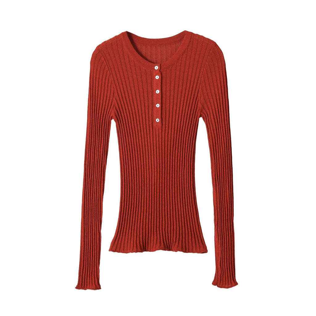 Slim button decoration long sleeved round neck knitted sweater for women