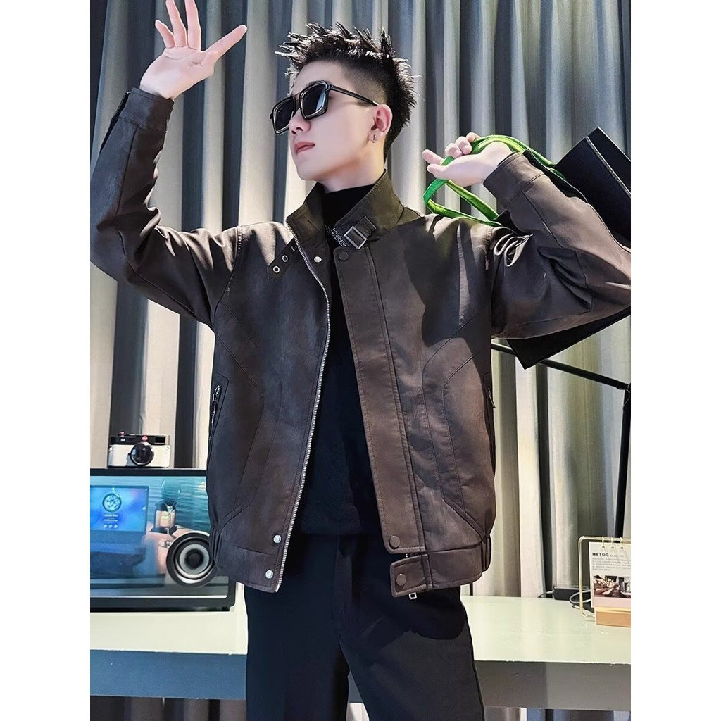 Casual Workwear Long Sleeve Leather Jacket Men Stand Collar Black Plus Size Outerwear