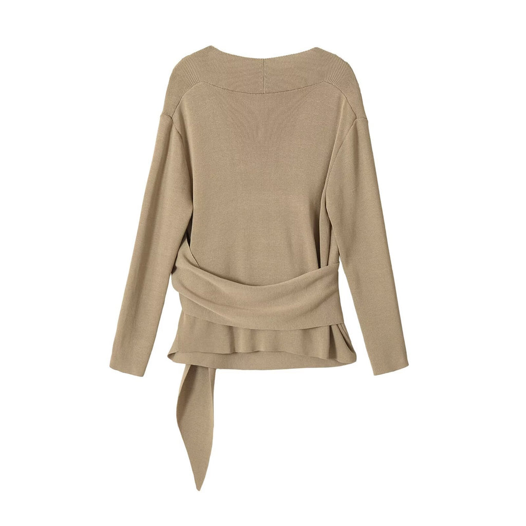 Double breasted waist belt V-neck long sleeved knitted sweater for women
