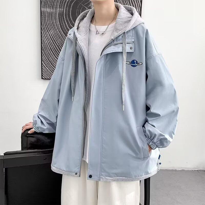 US Mountain Series Techwear Faux Two-Piece Zipper Windbreaker Jacket with Pockets for Outdoor Camping Hiking
