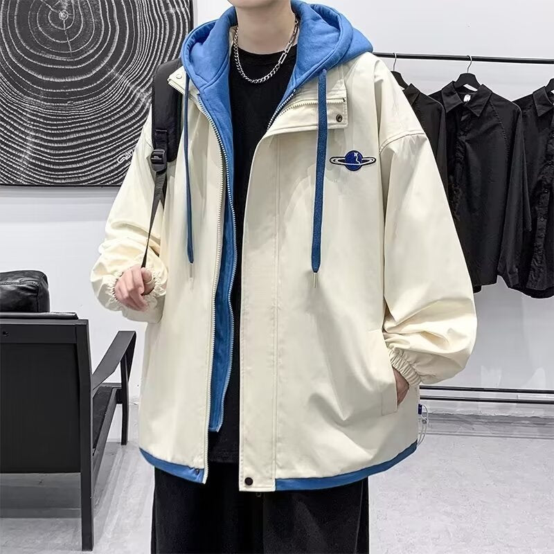 US Mountain Series Techwear Faux Two-Piece Zipper Windbreaker Jacket with Pockets for Outdoor Camping Hiking