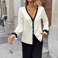 Sexy Elegant Color-block Deep V-Neck Pearl Button Single-Breasted Shirt