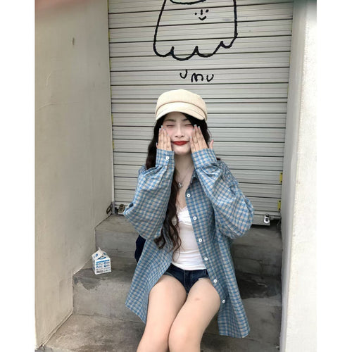 Blue Plaid Long Sleeve Loose Fit Shirt Jacket for Women