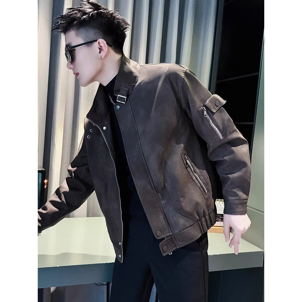 Casual Workwear Long Sleeve Leather Jacket Men Stand Collar Black Plus Size Outerwear
